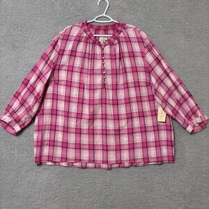 Casual Comfort Blouse Lightweight Plaid Henley Top Women 3X NWT